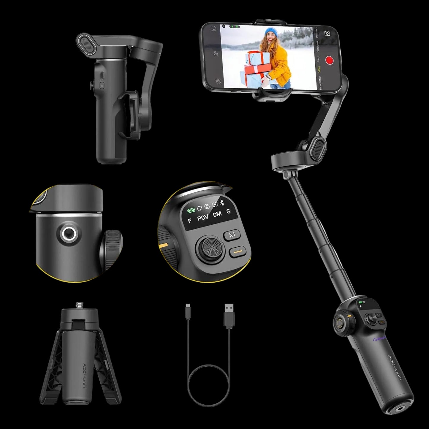 Cubonic Aochuan 3-Axis Smart X2 Gimbal Stabilizer w/Built-in 7.8in Extension Rod, AI Tracking, BT, 8-10 Hour Battery,Compatible w/iPhone and Android App/Gesture Control, OLED Screen Intelligent Gimbal