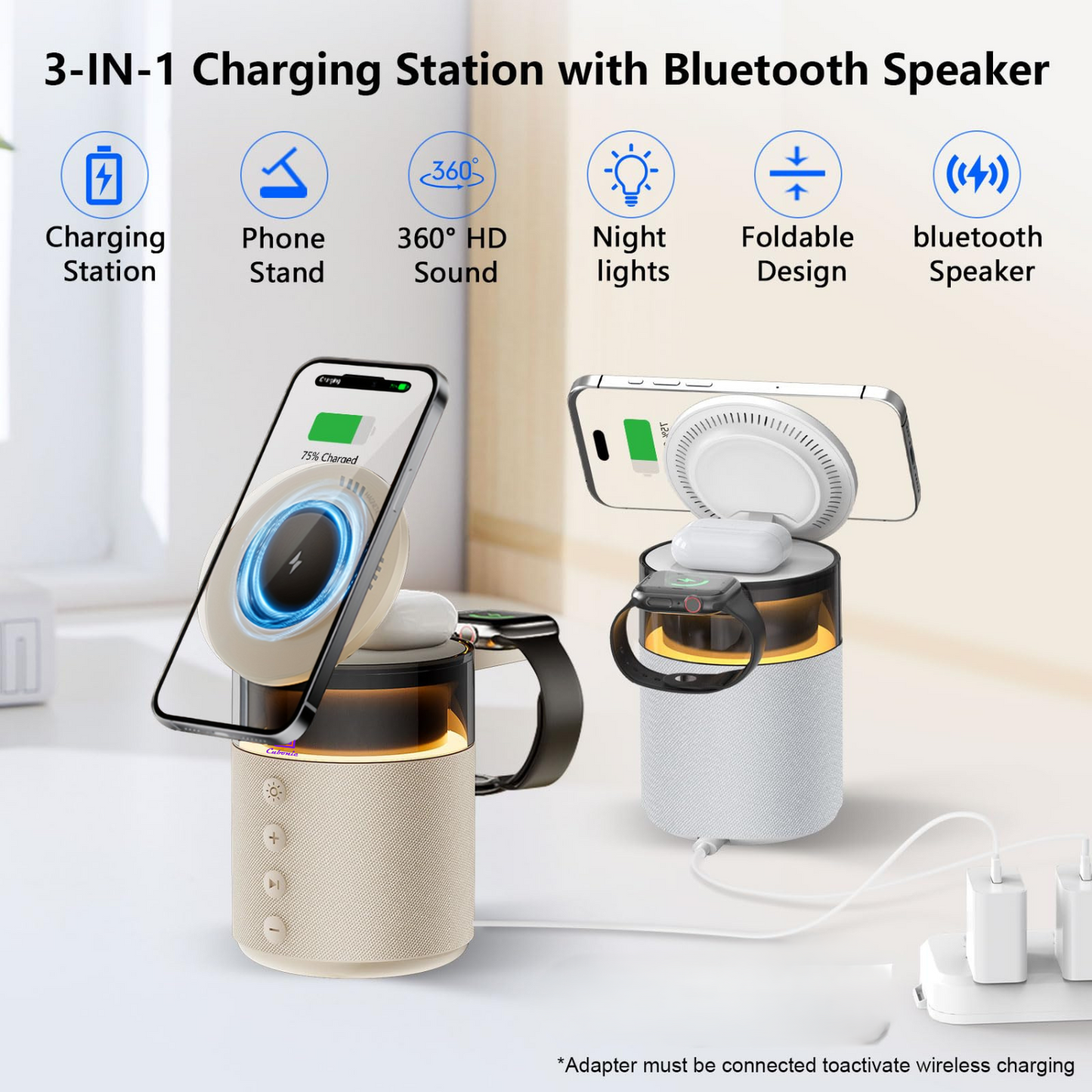 Cubonic HT554 3-in-1 Qi2 Certified Wireless Charger with 15W Fast Charging, Bluetooth Speaker, Auto-Rotation & Foldable Stand – Compatible with iOS & Android