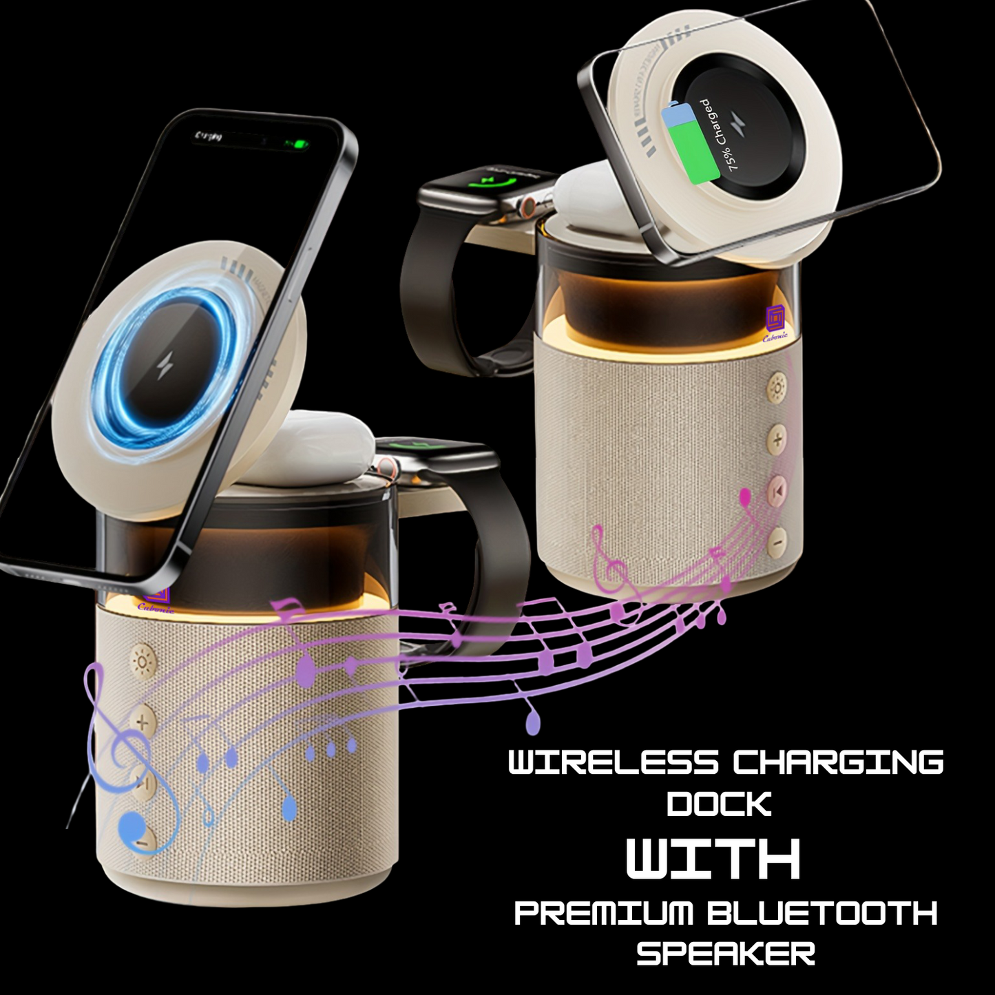 Cubonic HT554 3-in-1 Qi2 Certified Wireless Charger with 15W Fast Charging, Bluetooth Speaker, Auto-Rotation & Foldable Stand – Compatible with iOS & Android