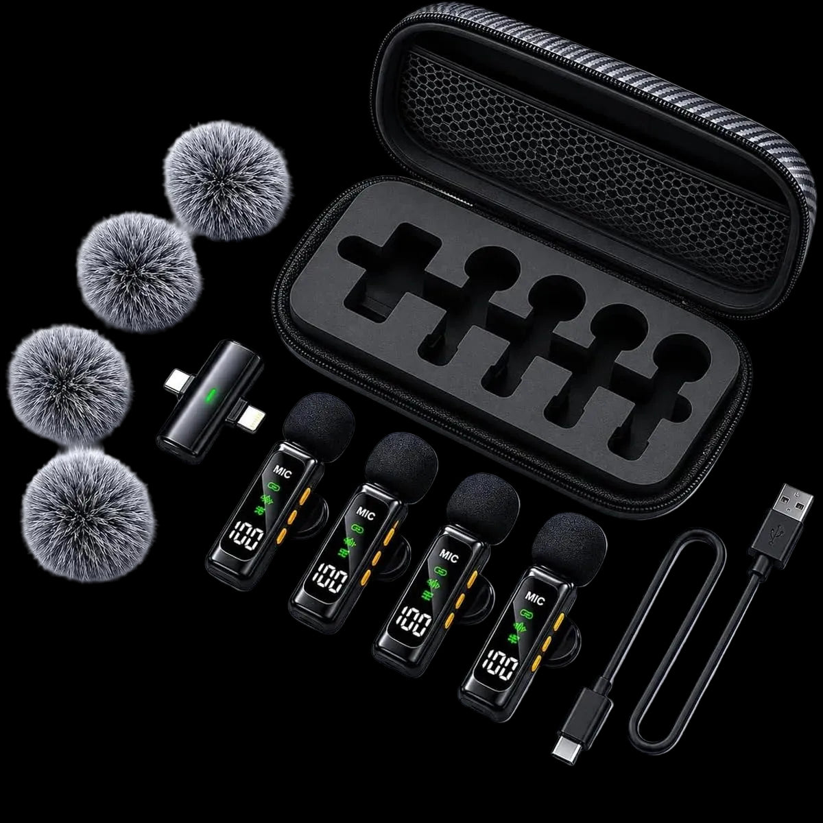 Cubonic T90 Wireless Lavalier Microphone, 4 Mic 1 Receiver, 2.4GHz Wireless Collar Mic with Noise Reduction, OLED Display, Rechargeable, USB Type-C, for iPhone, Android, YouTube, Vlogging & Live Streaming