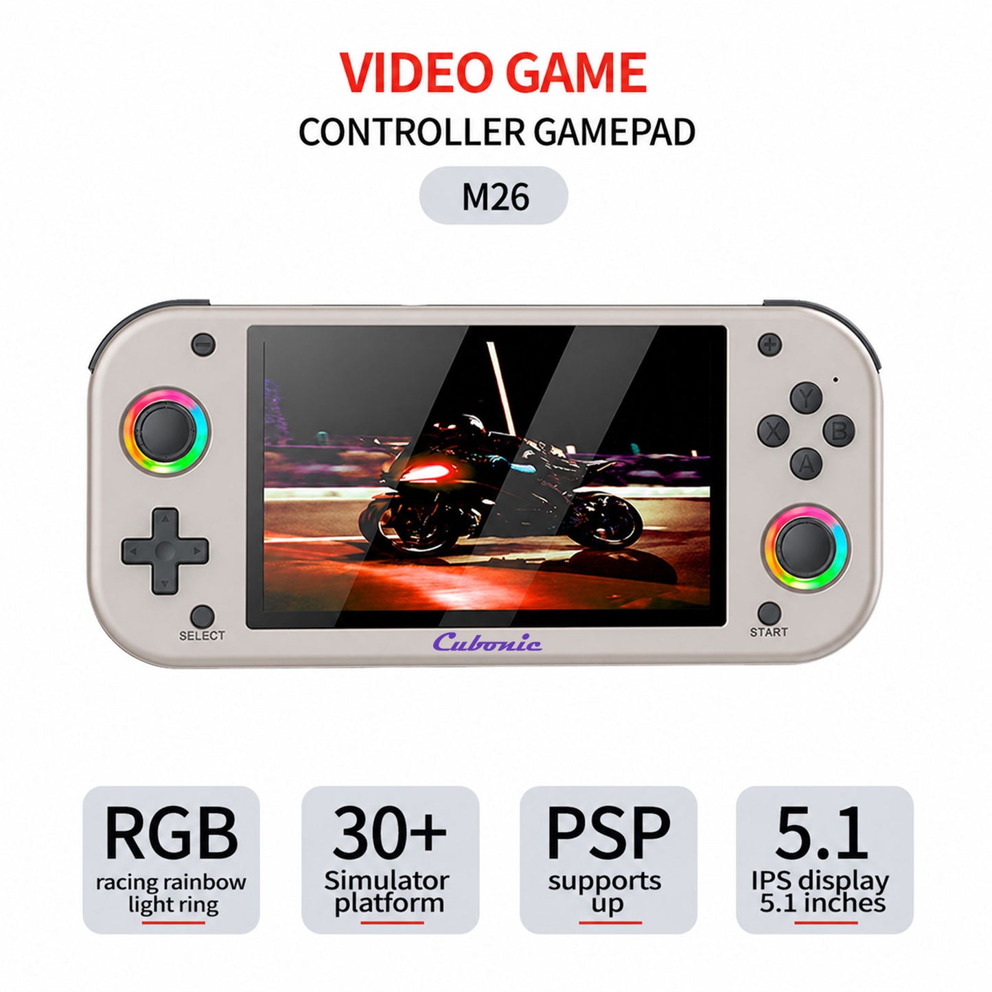 Cubonic VividGo M26 Retro Handheld Game Console – 5.1” IPS Display | RGB Joystick | 30+ Emulator Support | 3000mAh Battery | Portable Gaming Console