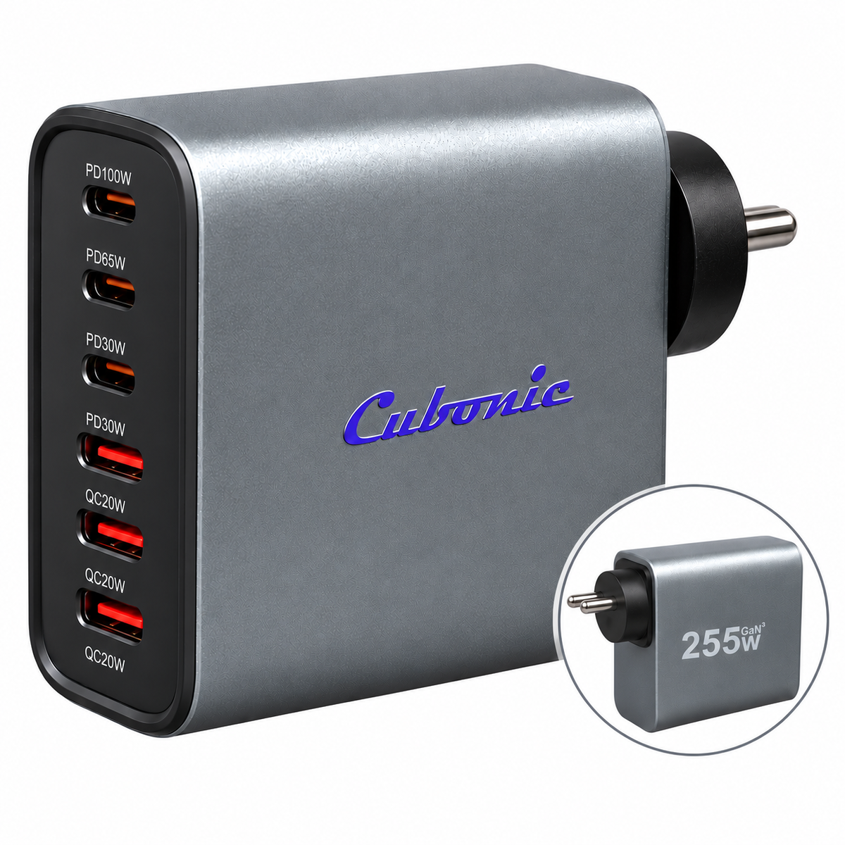 CUBONIC 255W (Total Actual Output 100W) GaN Charging Station, 6-Port Desktop Charger with 3 USB-C & 3 USB-A Ports, Multi Device Charging Hub for Laptops, Smartphones, Tablets, Wearables & USB Powered Electronics