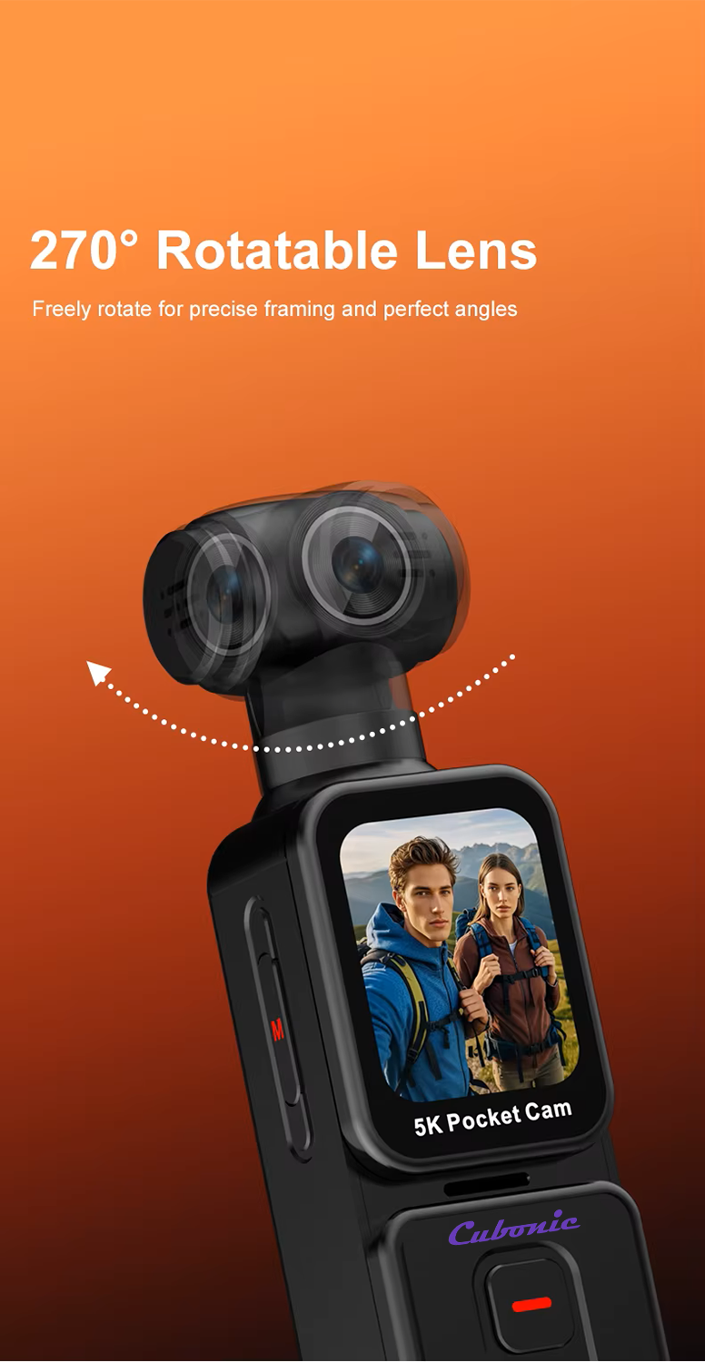 Cubonic 5K Pocket Camera 30FPS, 75MP, 270°Rotatable Lens, 90° Screen Rotation, 1.69 IPS Touch Screen,EIS,90°Screen Rotation, Sports and Action Camera