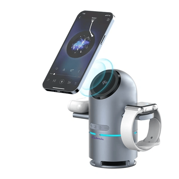 Cubonic S9 Bullet Shaped 3-in-1 Qi2 Certified Wireless Charger with 15W Fast Charging, Bluetooth Speaker, Auto-Rotation & Foldable Stand – Compatible with iOS & Android