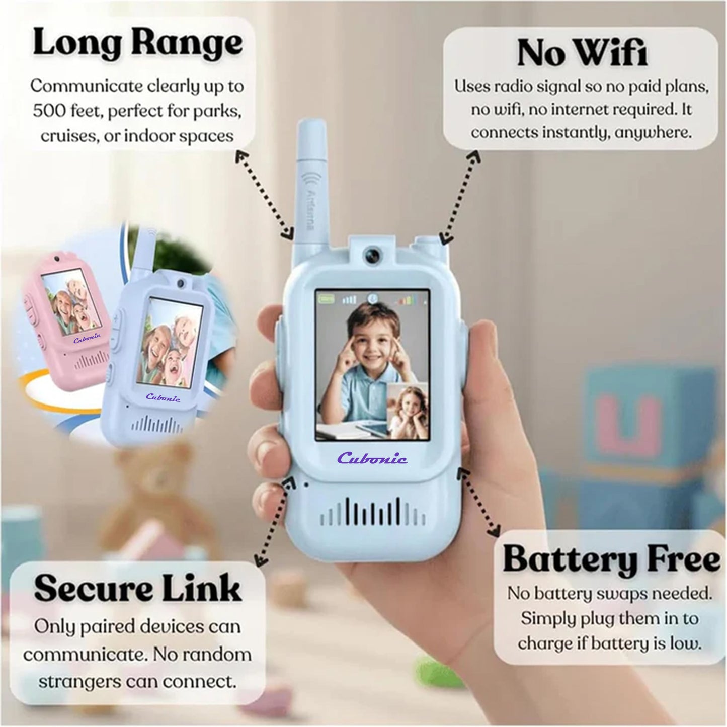Cubonic Video Walkie Talkies for Kids | HD Camera, Voice Changer & Screen Display 2Pc Combo for Kids