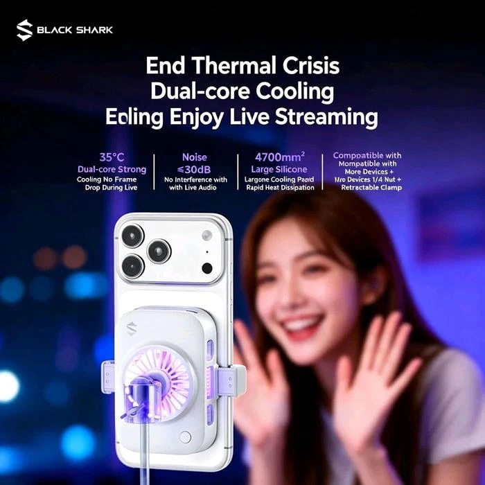 Cubonic Black Shark BR63 25W Live Streaming Phone Cooler with AI Temperature Control, 4700mm² Semiconductor Cooling, RGB Lighting & Universal Tripod Mount