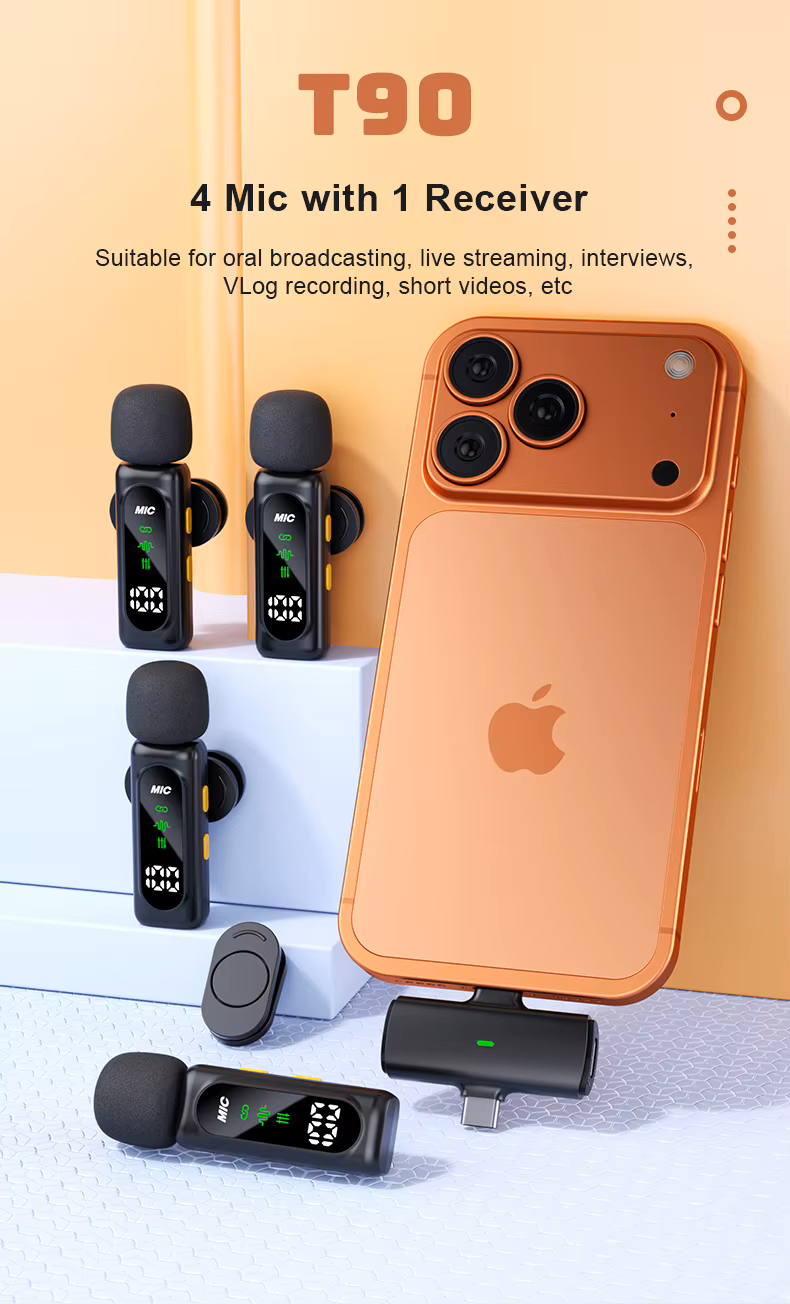 Cubonic T90 Wireless Lavalier Microphone, 4 Mic 1 Receiver, 2.4GHz Wireless Collar Mic with Noise Reduction, OLED Display, Rechargeable, USB Type-C, for iPhone, Android, YouTube, Vlogging & Live Streaming