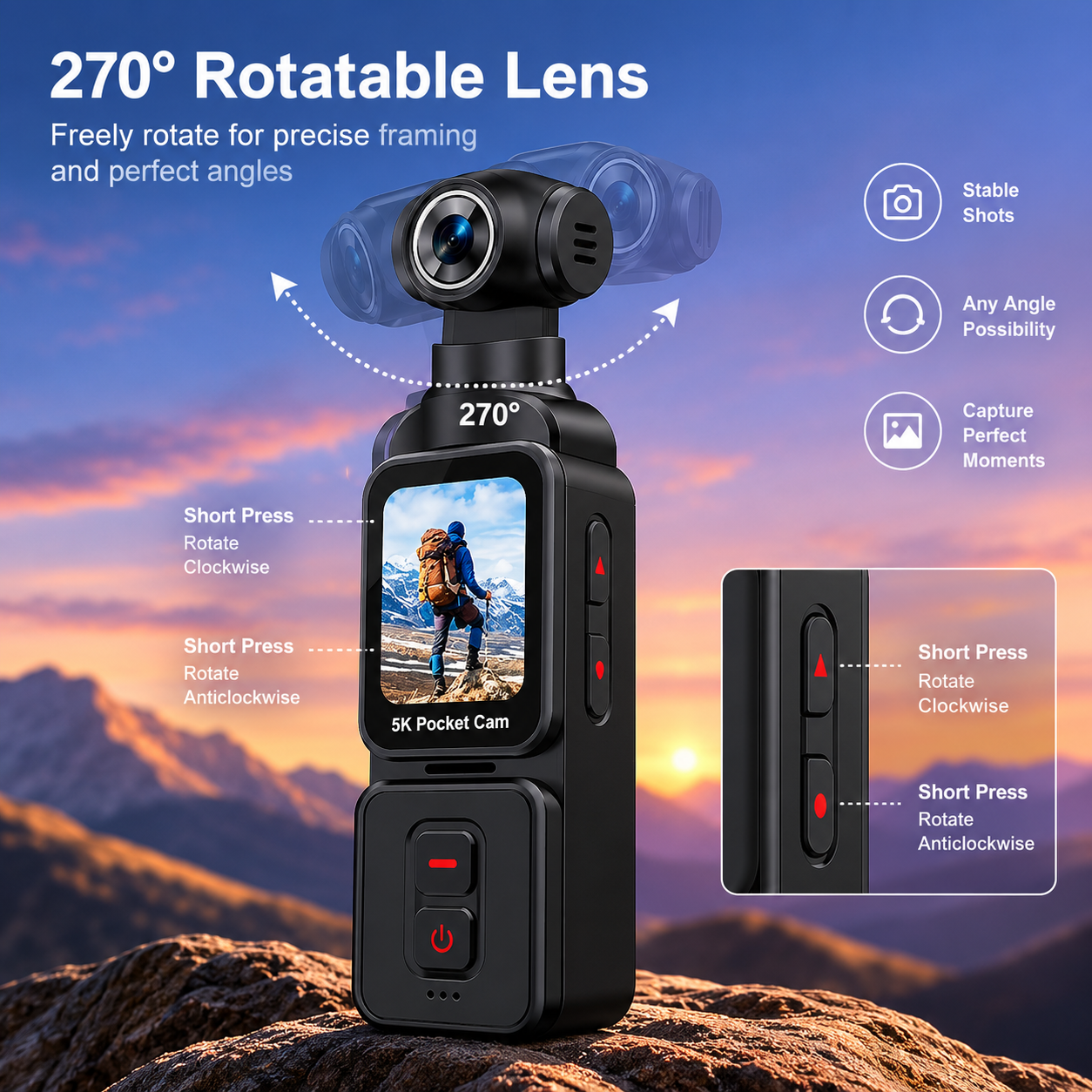 Cubonic 5K Pocket Camera 30FPS, 75MP, 270°Rotatable Lens, 90° Screen Rotation, 1.69 IPS Touch Screen,EIS,90°Screen Rotation, Sports and Action Camera