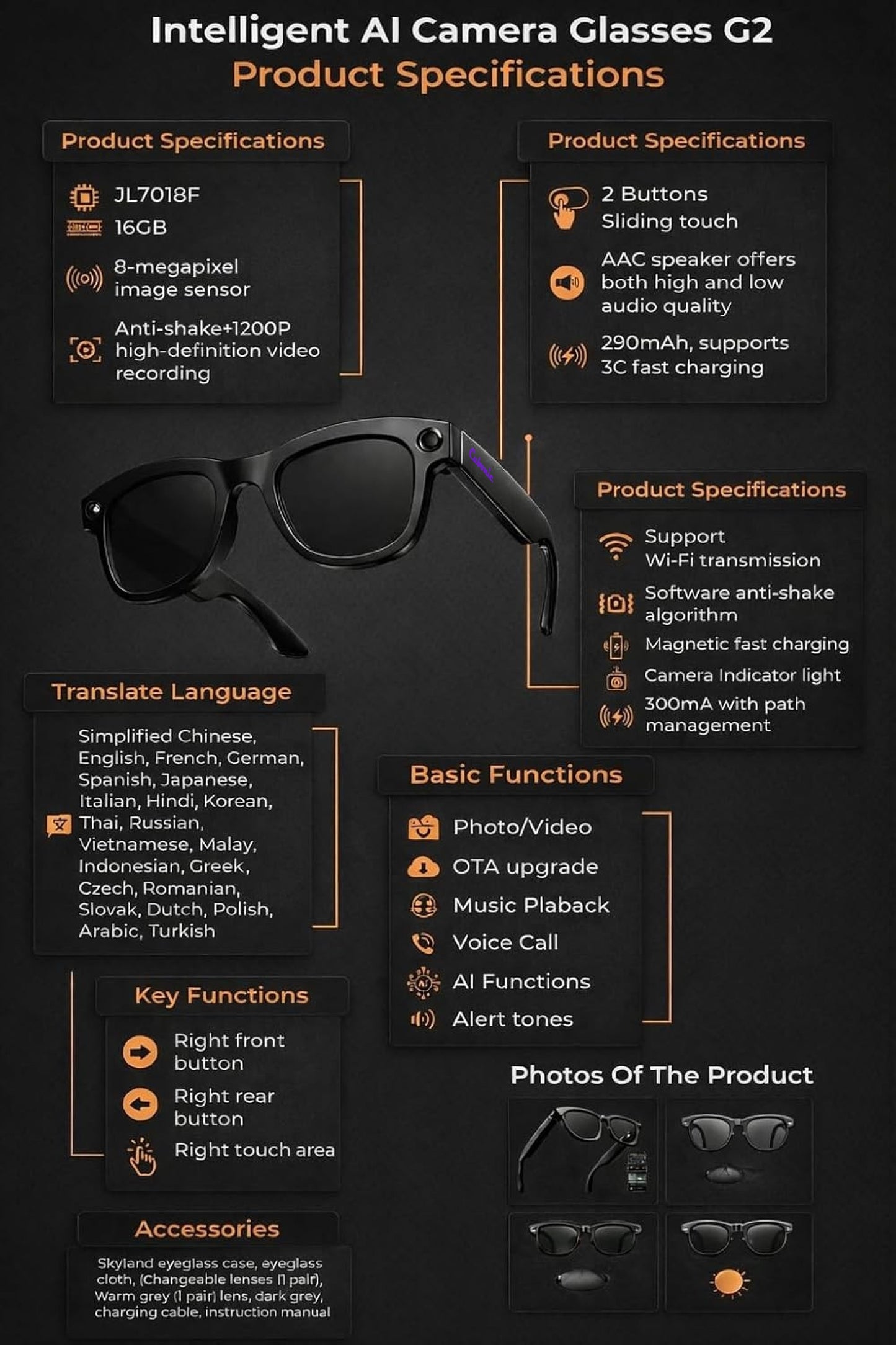 Cubonic AIMBriG2 Smart Audio Glasses with 800W Camera, Wi-Fi4, Bluetooth 5.3, 32GB Storage, Real-Time Translation, UV400 Protection, IPX4 Water Resistant