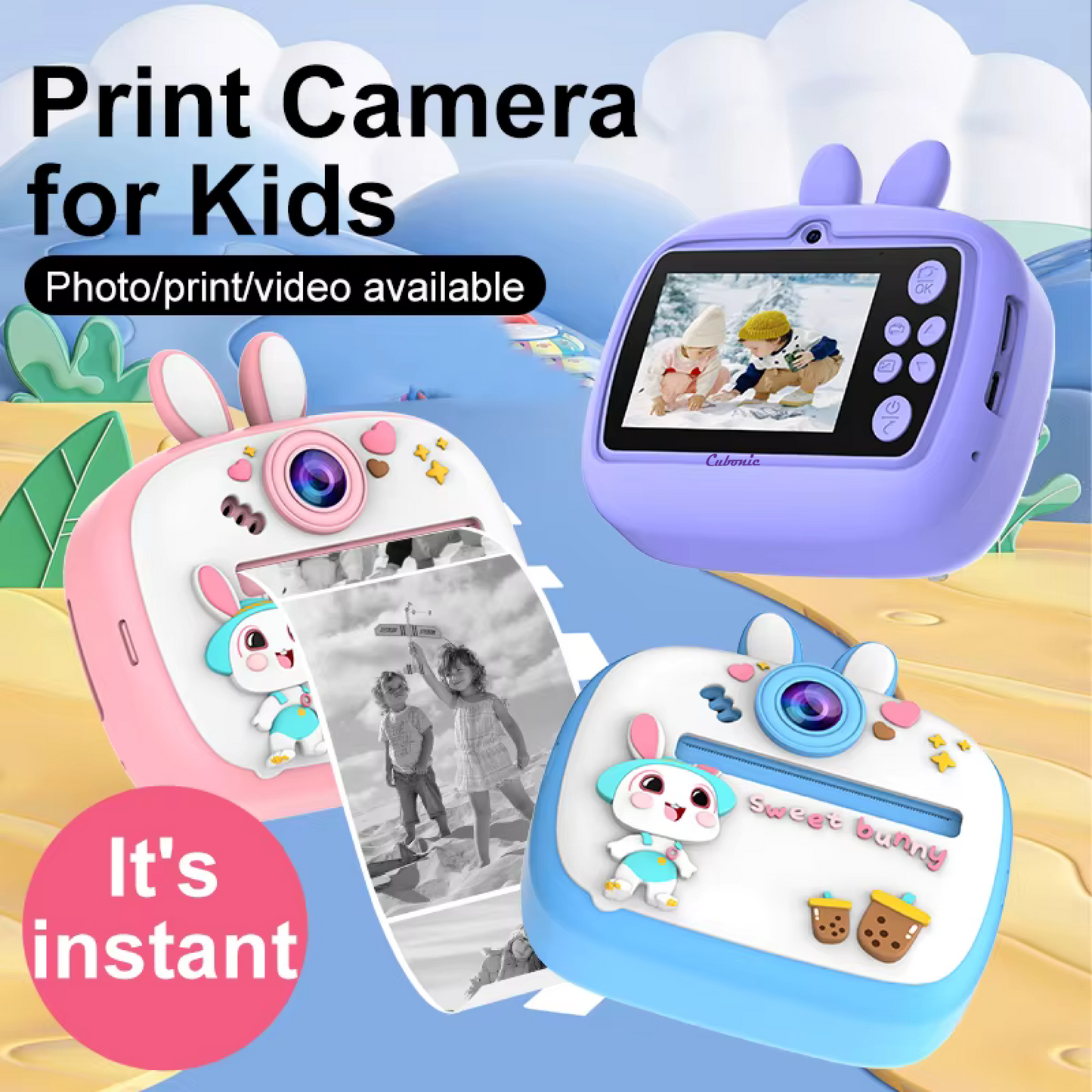 Cubonic Instant PiccoPrint SafeSnap Kids Theme 48MP Digital Camera for Kids with 3 Rolls Print Paper, Portable Toy for Girls & Boys, Perfect Birthday Gift for Toddlers Kids & Children