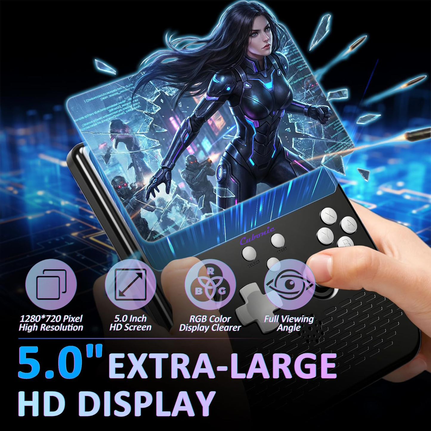 Cubonic SolidPlay H5 Handheld Gaming Console – 5" HD Display, 64GB Storage, 4000mAh Battery, Dual RGB Joysticks, 20,000+ Built-In Retro Games