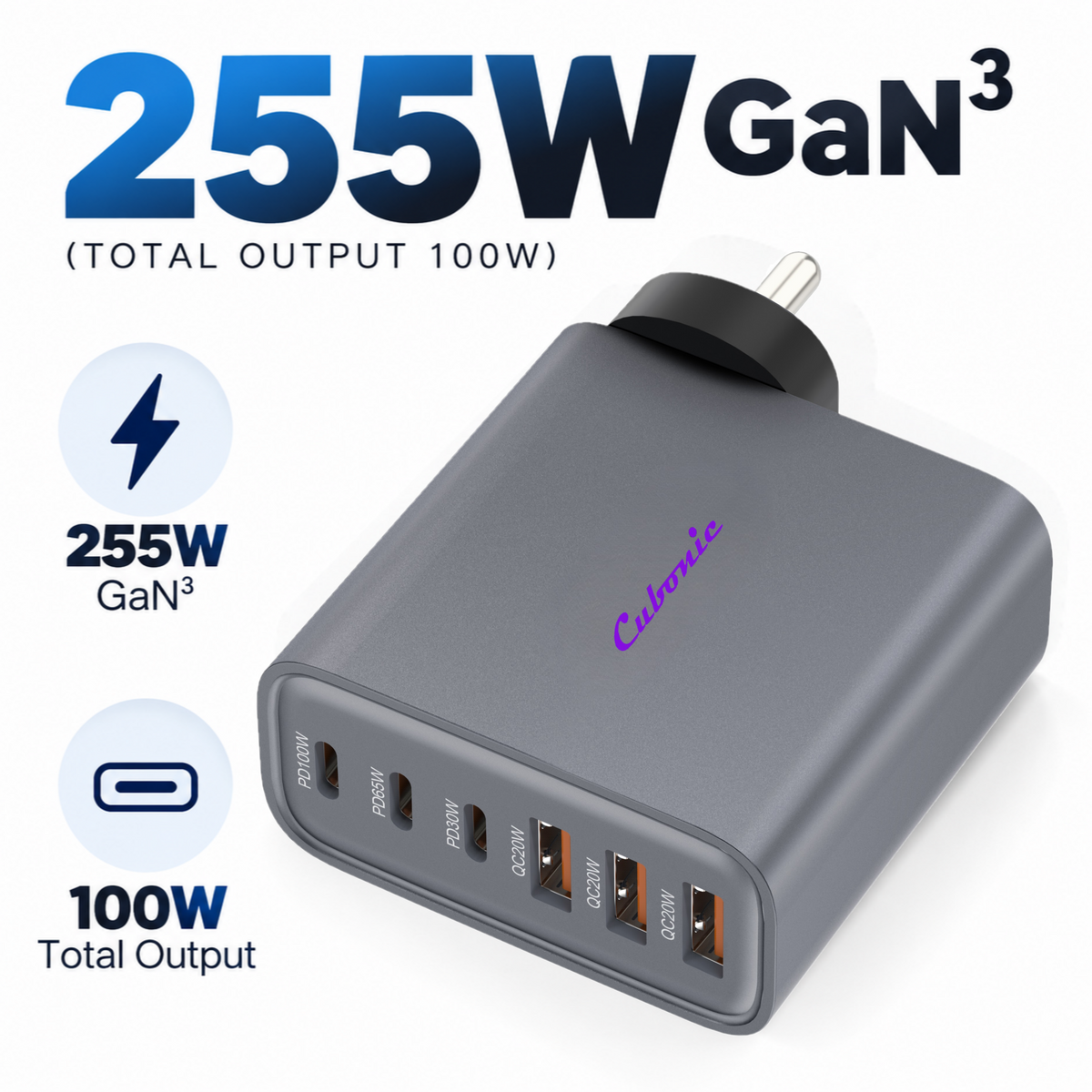 CUBONIC 255W (Total Actual Output 100W) GaN Charging Station, 6-Port Desktop Charger with 3 USB-C & 3 USB-A Ports, Multi Device Charging Hub for Laptops, Smartphones, Tablets, Wearables & USB Powered Electronics