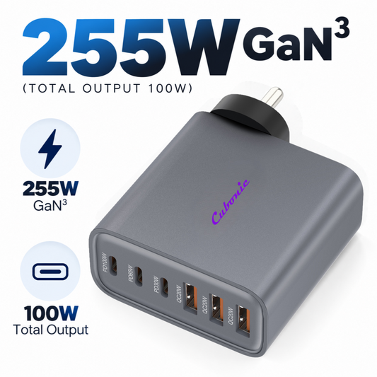 CUBONIC 255W (Total Actual Output 100W) GaN Charging Station, 6-Port Desktop Charger with 3 USB-C & 3 USB-A Ports, Multi Device Charging Hub for Laptops, Smartphones, Tablets, Wearables & USB Powered Electronics