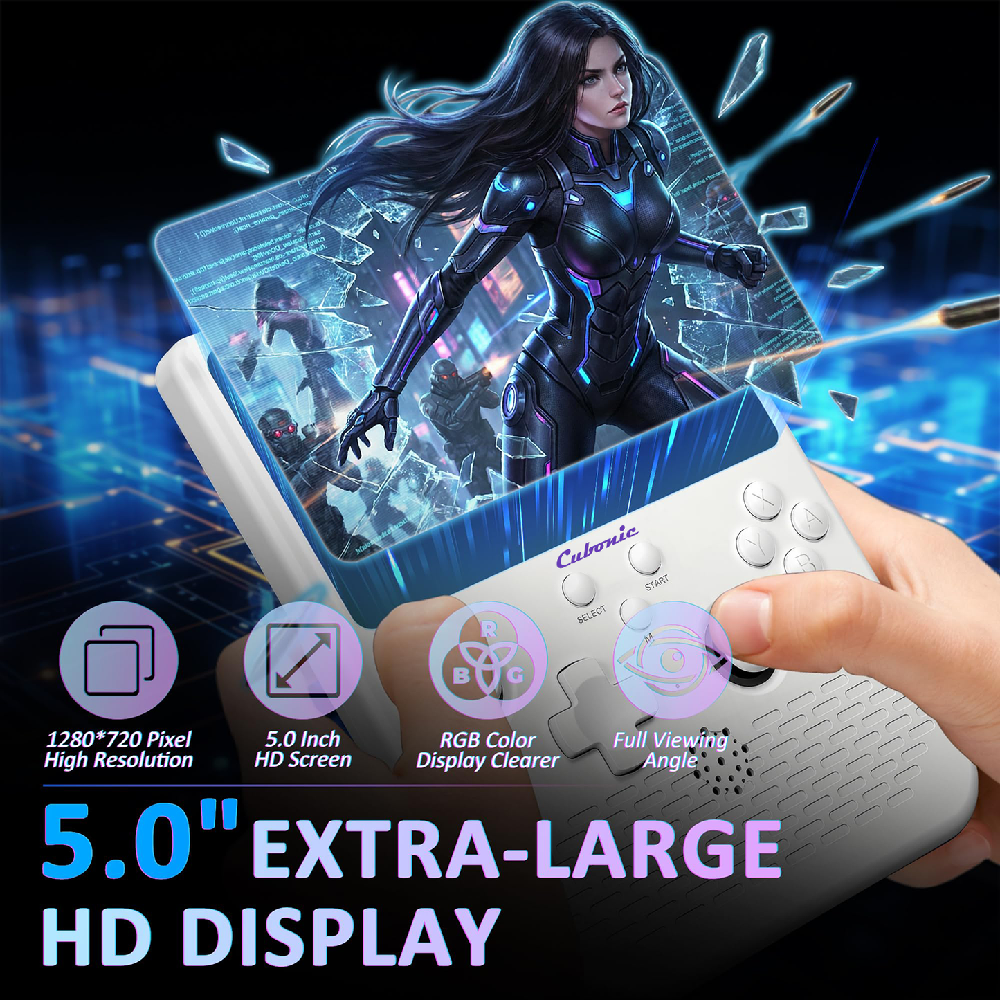 Cubonic SolidPlay H5 Handheld Gaming Console – 5" HD Display, 64GB Storage, 4000mAh Battery, Dual RGB Joysticks, 20,000+ Built-In Retro Games