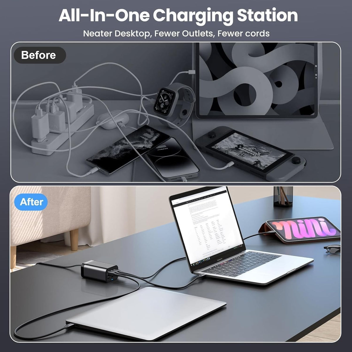 CUBONIC 100W (Total Actual Output 65W) GaN Charging Station, 4-Port Desktop Charger with 2 USB-C & 2 USB-A Ports, Multi Device Charging Hub for Laptops, Smartphones, Tablets, Wearables & USB Powered Electronics