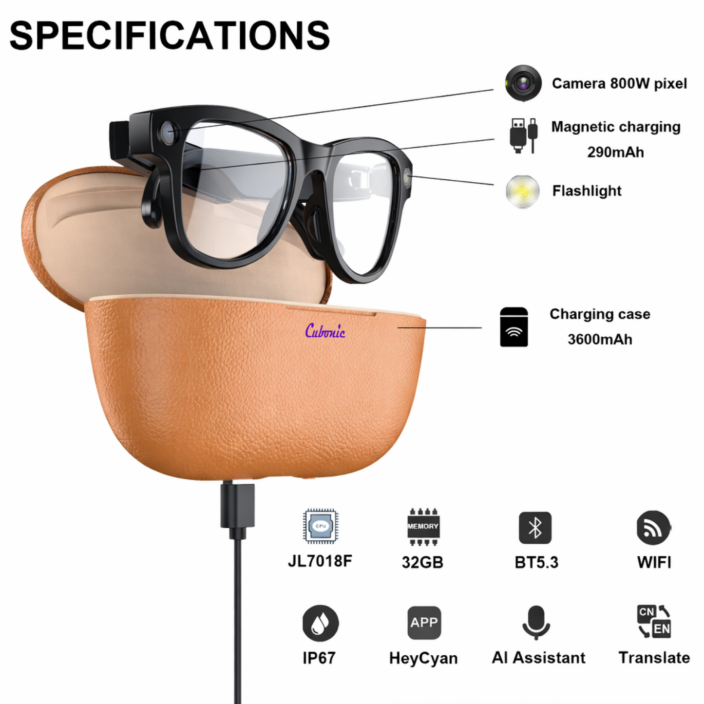 Cubonic AIvion Smart Audio Glasses with 800W Camera, Wi-Fi4, Bluetooth 5.3, 32GB Storage, Real-Time Translation, UV400 Protection, IPX4 Water Resistant, 3600mAh Charging Case
