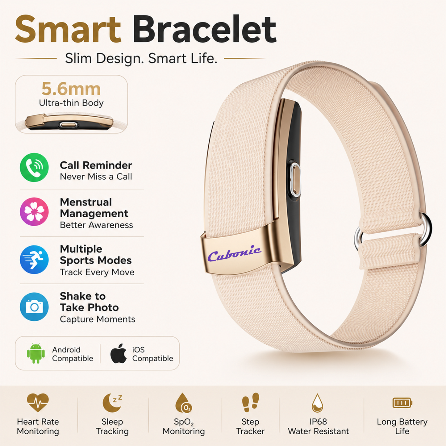 Cubonic Vytal Glory- Screenless Smart Fitness Band | 178+ Sports Modes, IP68 Waterproof, 25-Day Battery Backup, Sleep & Monitoring Activity,App Controlled Android & iOS