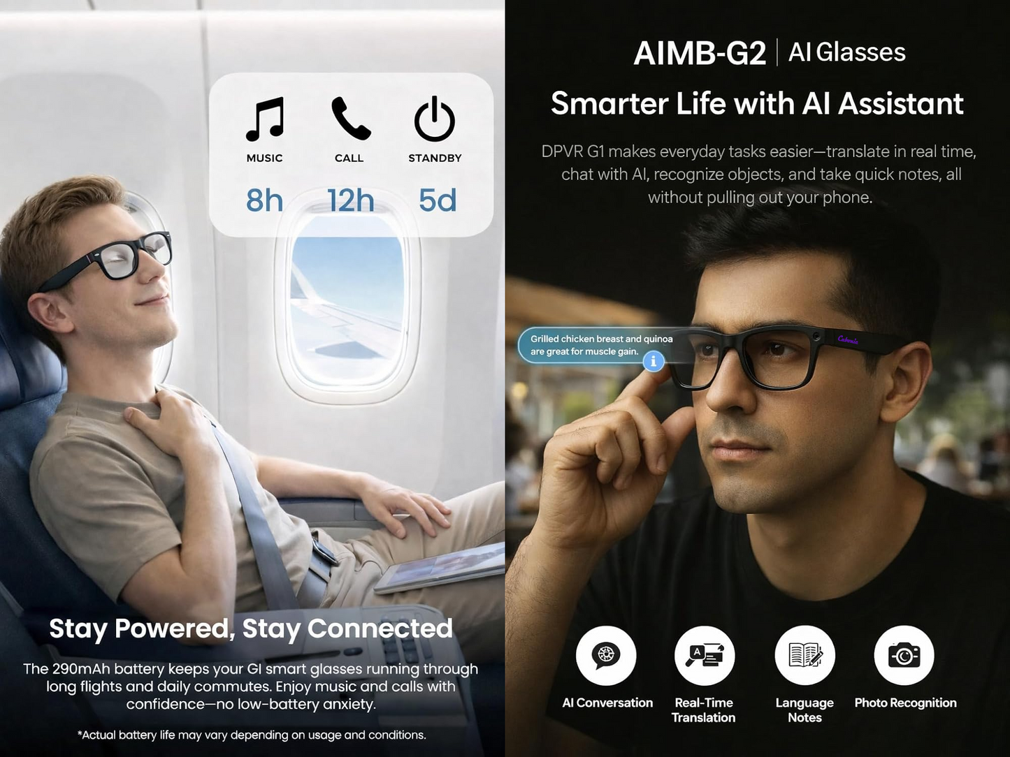 Cubonic AIMBriG2 Smart Audio Glasses with 800W Camera, Wi-Fi4, Bluetooth 5.3, 32GB Storage, Real-Time Translation, UV400 Protection, IPX4 Water Resistant