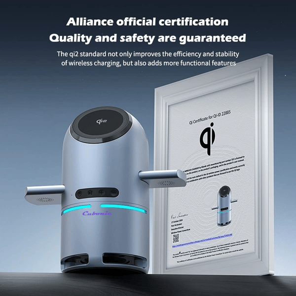 Cubonic S9 Bullet Shaped 3-in-1 Qi2 Certified Wireless Charger with 15W Fast Charging, Bluetooth Speaker, Auto-Rotation & Foldable Stand – Compatible with iOS & Android