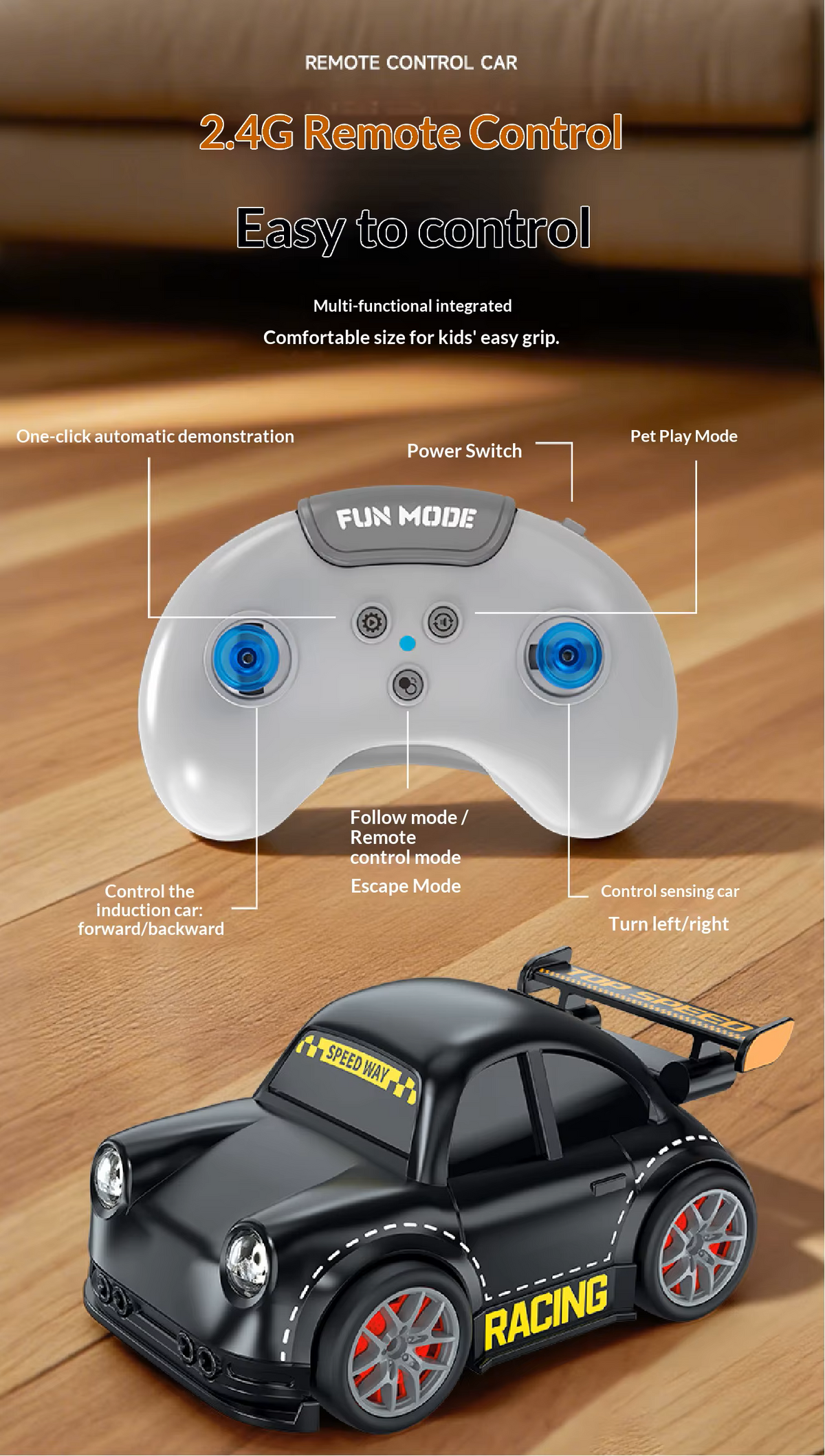 Cubonic Remote Control Intelligent Sensor Drift Car for Kids – 4 Wheel Drive Mini RC Drifting Car with Follow Me, Escape Mode, Music & LED Light Toy Gift for Boys Girls