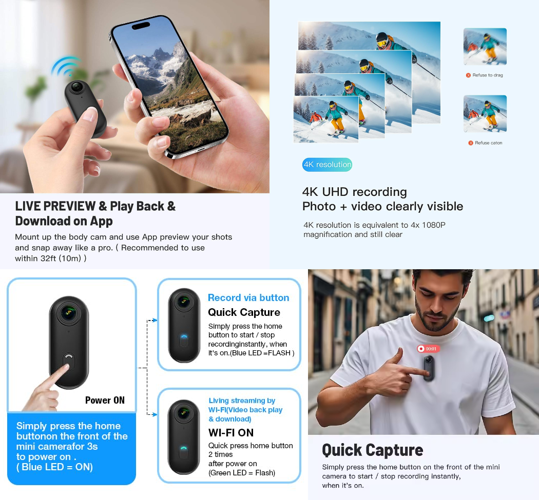 Cubonic Microx 4K Thumb Size Body Camera for Sports & Action|Wifi|App Control|800mah Battery|Upto90min backup|Magnetic Attachment  for Indoor/Outdoor