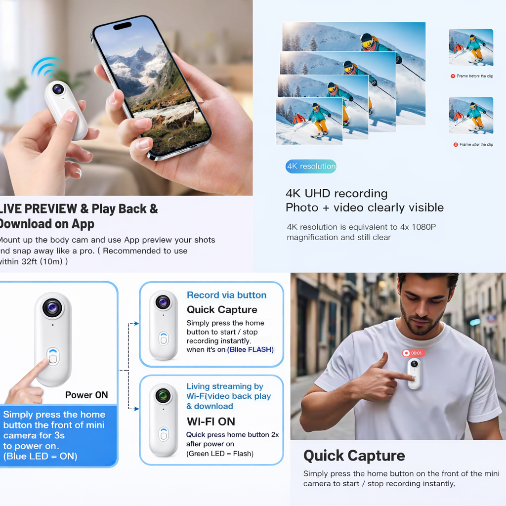 Cubonic Microx 4K Thumb Size Body Camera for Sports & Action|Wifi|App Control|800mah Battery|Upto90min backup|Magnetic Attachment for Indoor/Outdoor