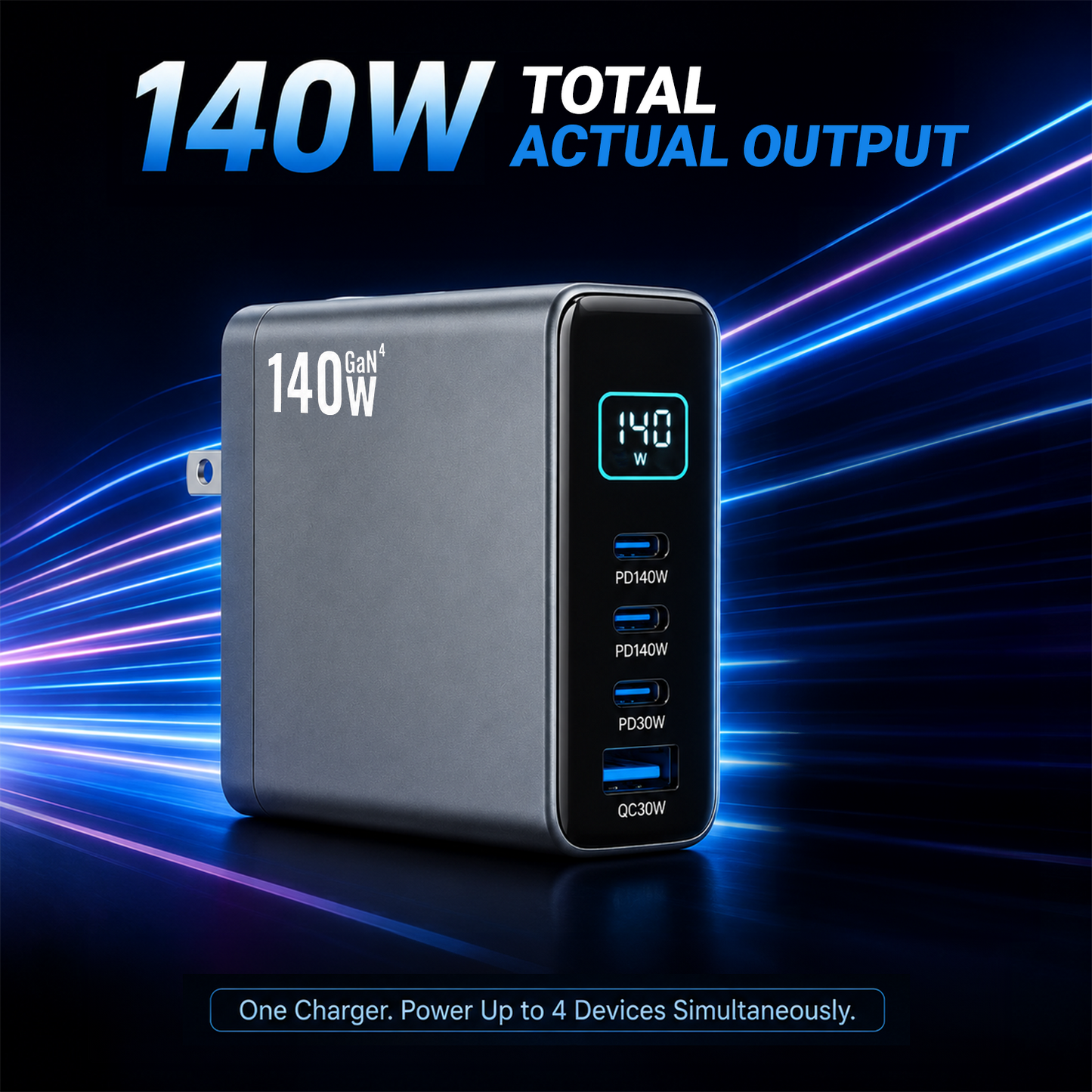 CUBONIC 140W GaN Fast Charger with 4 Ports, 3 Type-C PD & 1 USB-A QC Digital Power Display,Multi-Device Fast Charging Adapter