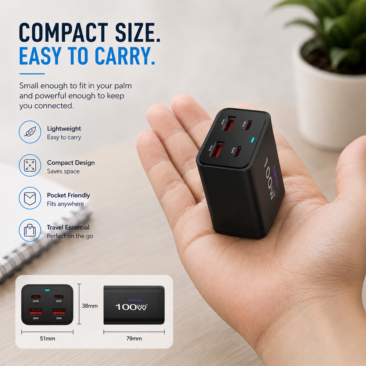 CUBONIC 100W (Total Actual Output 65W) GaN Charging Station, 4-Port Desktop Charger with 2 USB-C & 2 USB-A Ports, Multi Device Charging Hub for Laptops, Smartphones, Tablets, Wearables & USB Powered Electronics