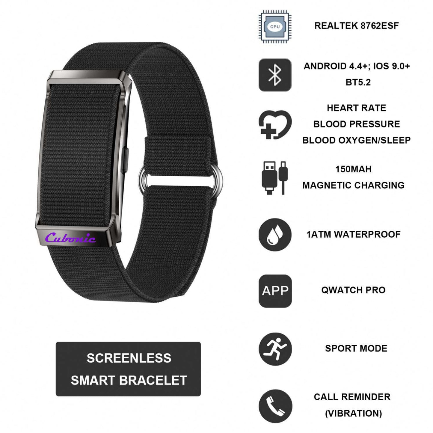 Cubonic Vytal Sense Screenless Smart Activity & Fitness Tracker Band, 24H Sleep Tracker, Heart Rate Blood Pressure Stress HRV Monitor, 110 Sport Modes No Subscription APP