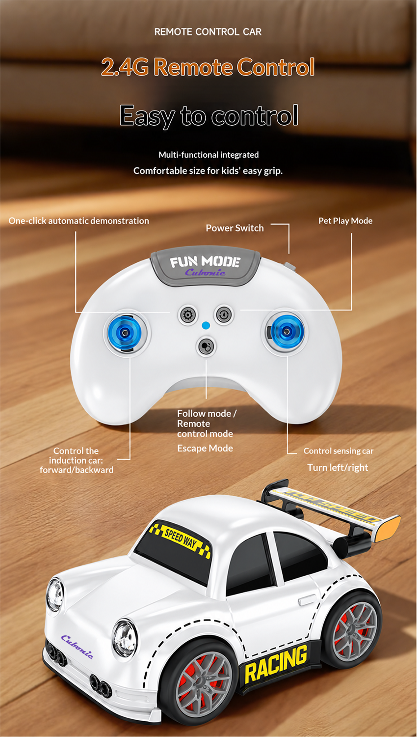 Cubonic Remote Control Intelligent Sensor Drift Car for Kids – 4 Wheel Drive Mini RC Drifting Car with Follow Me, Escape Mode, Music & LED Light Toy Gift for Boys Girls