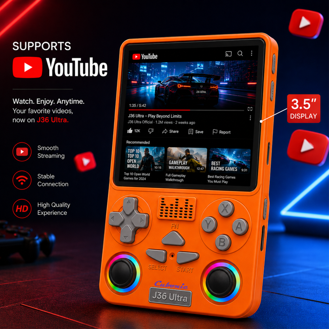 Xplore J36 Ultra Handheld Gaming Console YouTube Support 3.5"Display,Dual RGB Joystick 3000mAh Battery, WiFi & Bluetooth,Online Multiplayer