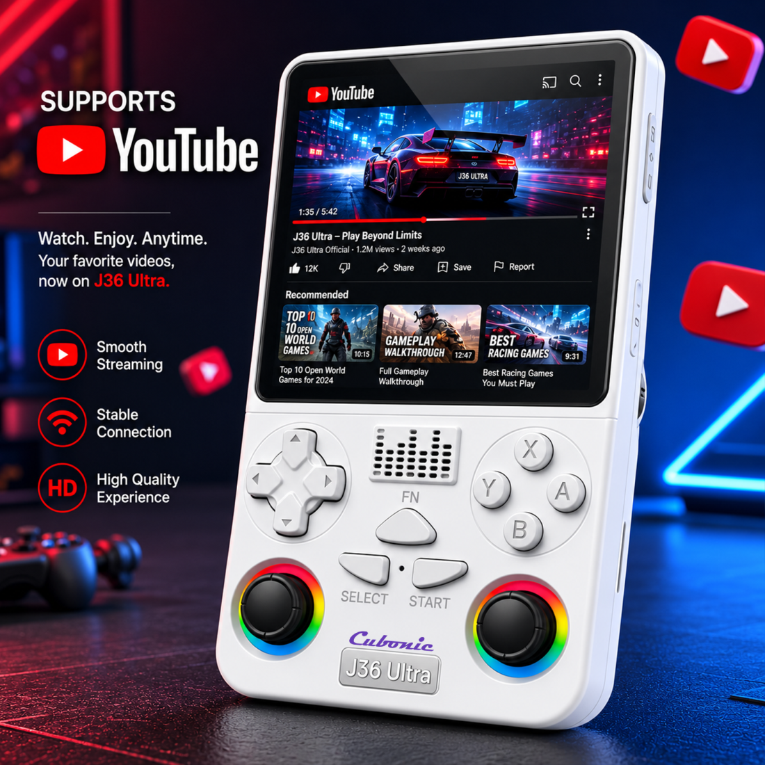Cubonic Xplore J36 Ultra Handheld Gaming Console YouTube Support 3.5"Display,Dual RGB Joystick 3000mAh Battery, WiFi & Bluetooth,Online Multiplayer