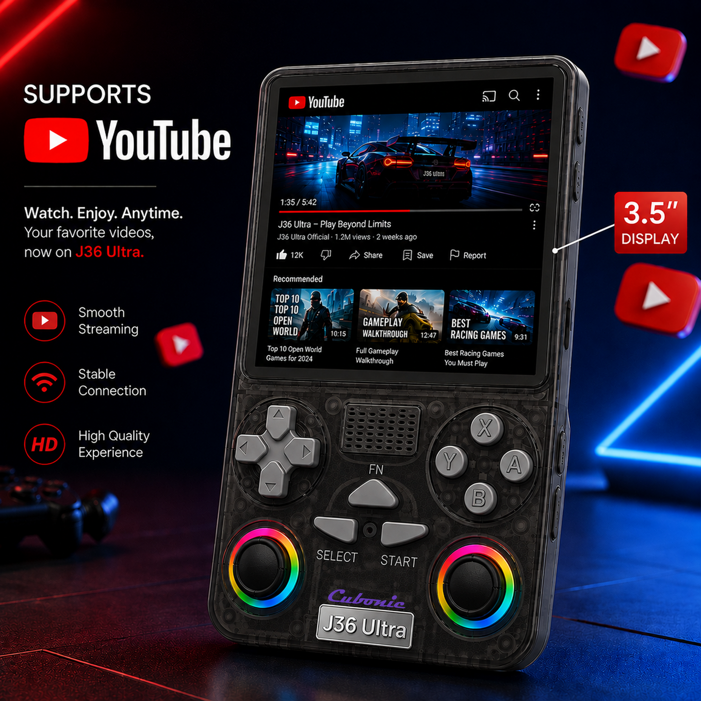 Cubonic Xplore J36 Ultra Handheld Gaming Console YouTube Support 3.5"Display,Dual RGB Joystick 3000mAh Battery, WiFi & Bluetooth,Online Multiplayer