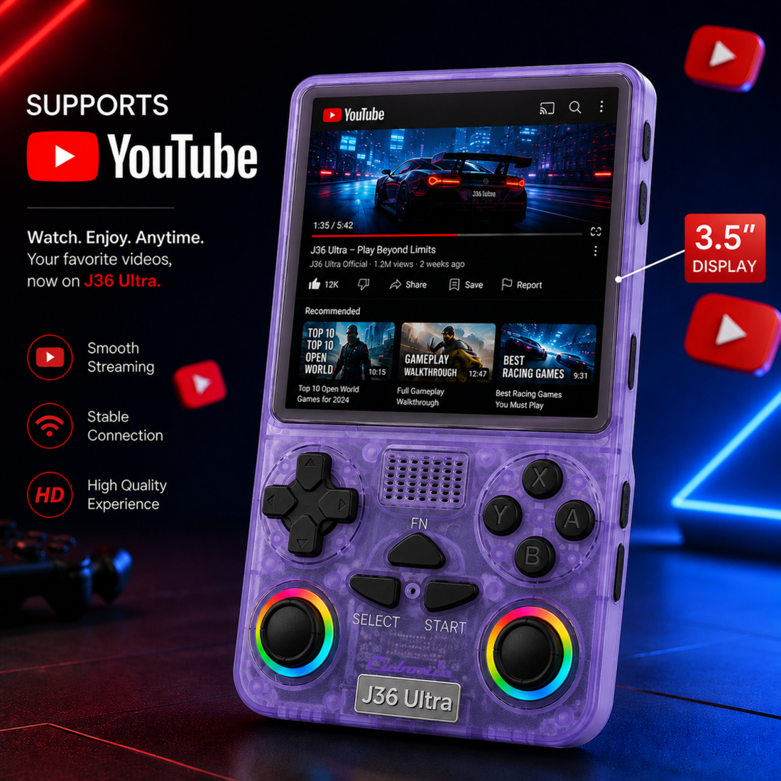 Cubonic Xplore J36 Ultra Handheld Gaming Console YouTube Support 3.5"Display,Dual RGB Joystick 3000mAh Battery, WiFi & Bluetooth,Online Multiplayer