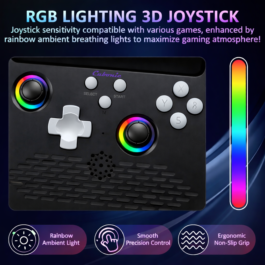 Cubonic SolidPlay H5 Handheld Gaming Console – 5" HD Display, 64GB Storage, 4000mAh Battery, Dual RGB Joysticks, 20,000+ Built-In Retro Games