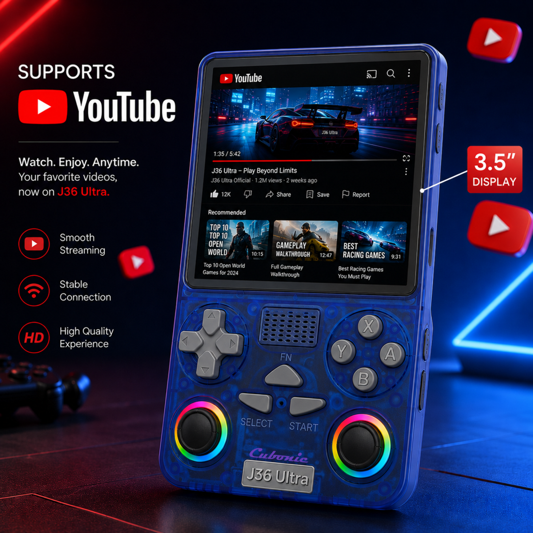Cubonic Xplore J36 Ultra Handheld Gaming Console YouTube Support 3.5"Display,Dual RGB Joystick 3000mAh Battery, WiFi & Bluetooth,Online Multiplayer