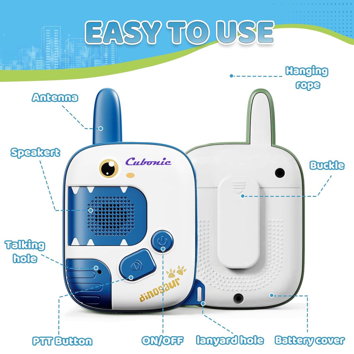 Cubonic Dinosaur Walkie Talkie for Kids Age 3-5,2 Pack Walkie Talkies Outdoor Indoor Toys with 1000ft Range,Christmas Birthday Gifts Toys for 4 5 6 7 8 Year Old Boys Girls