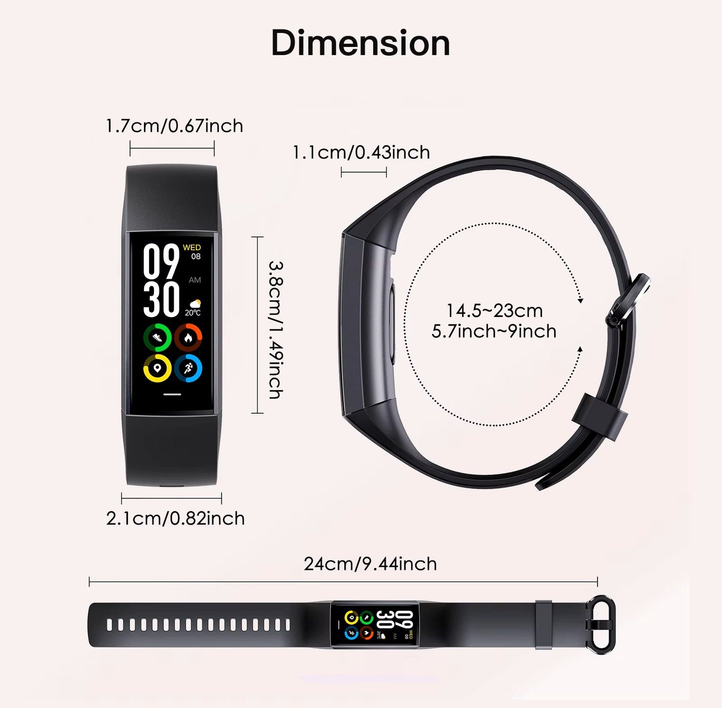 Cubonic C80 Fitness Tracker with Raise to Wake Display, Heart Rate Monitor, Blood Pressure, App Control Notifier, Pedometer, Sleep Monitor, Activity Tracker, 1.1" AMOLED Screen, Fitness Watch