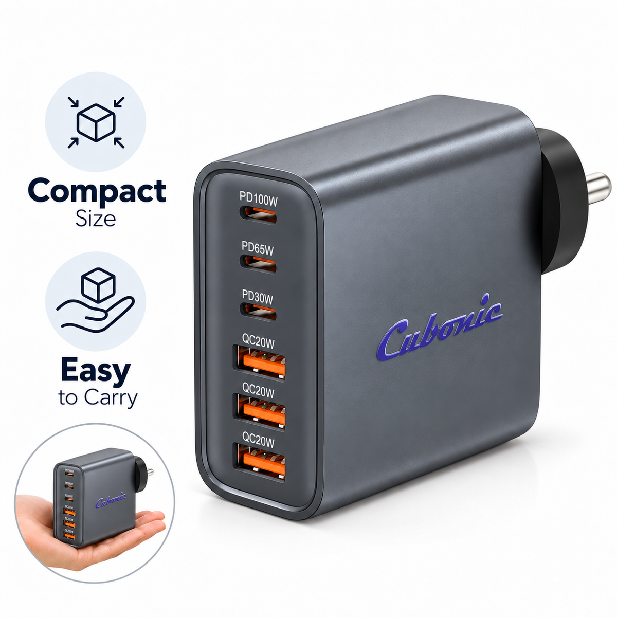 CUBONIC 255W (Total Actual Output 100W) GaN Charging Station, 6-Port Desktop Charger with 3 USB-C & 3 USB-A Ports, Multi Device Charging Hub for Laptops, Smartphones, Tablets, Wearables & USB Powered Electronics