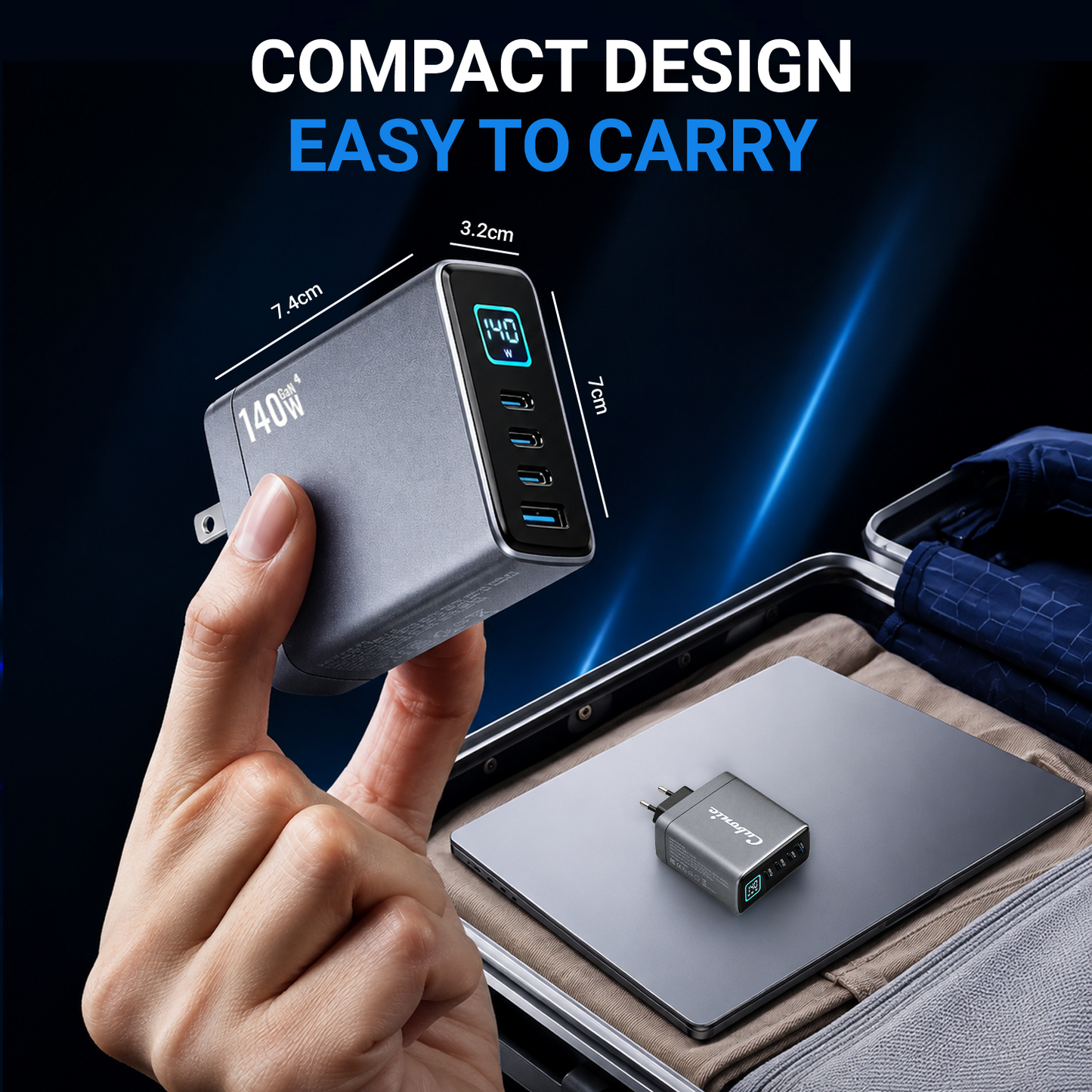 CUBONIC 140W GaN Fast Charger with 4 Ports, 3 Type-C PD & 1 USB-A QC Digital Power Display,Multi-Device Fast Charging Adapter
