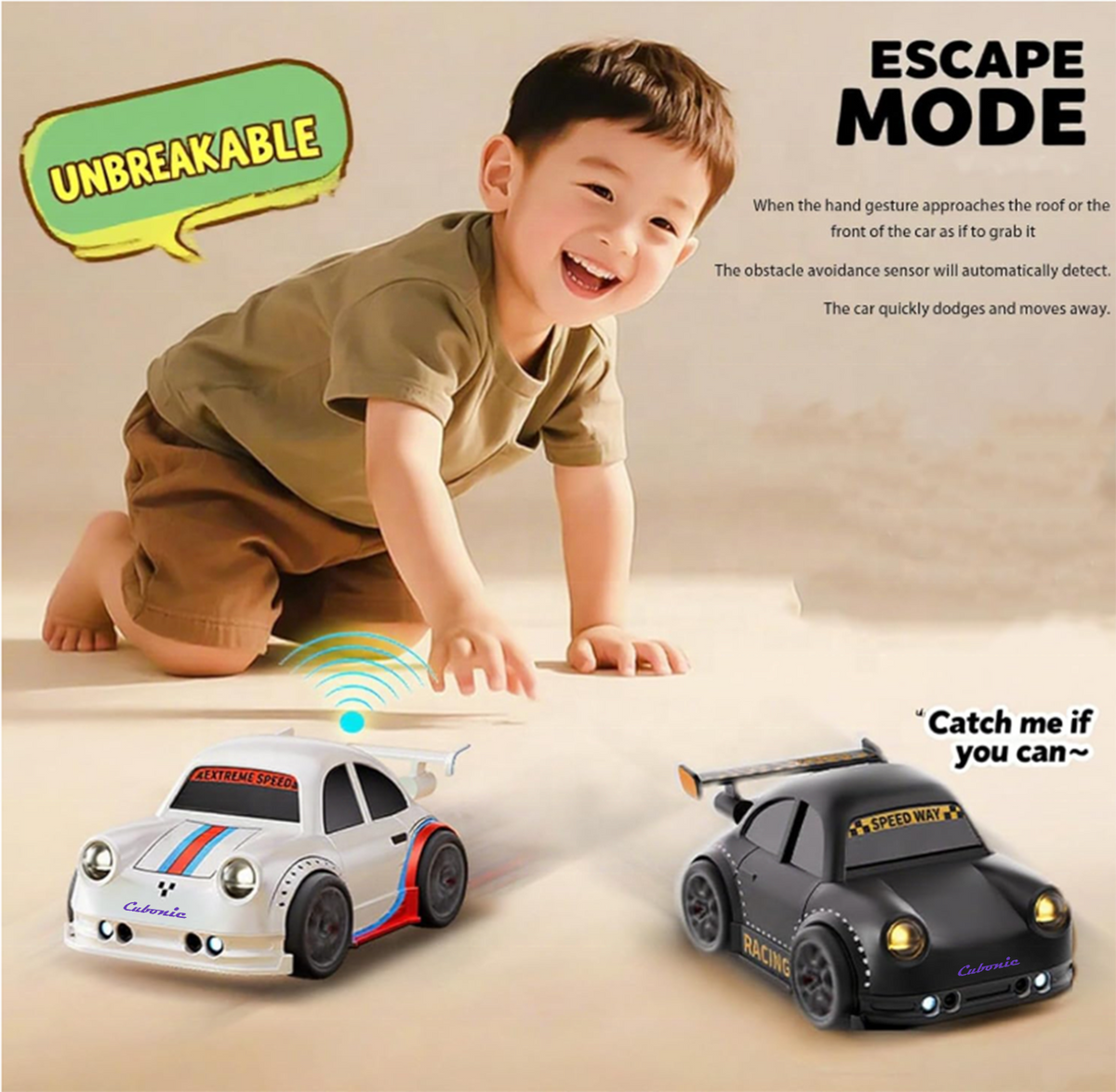 Cubonic Remote Control Intelligent Sensor Drift Car for Kids – 4 Wheel Drive Mini RC Drifting Car with Follow Me, Escape Mode, Music & LED Light Toy Gift for Boys Girls