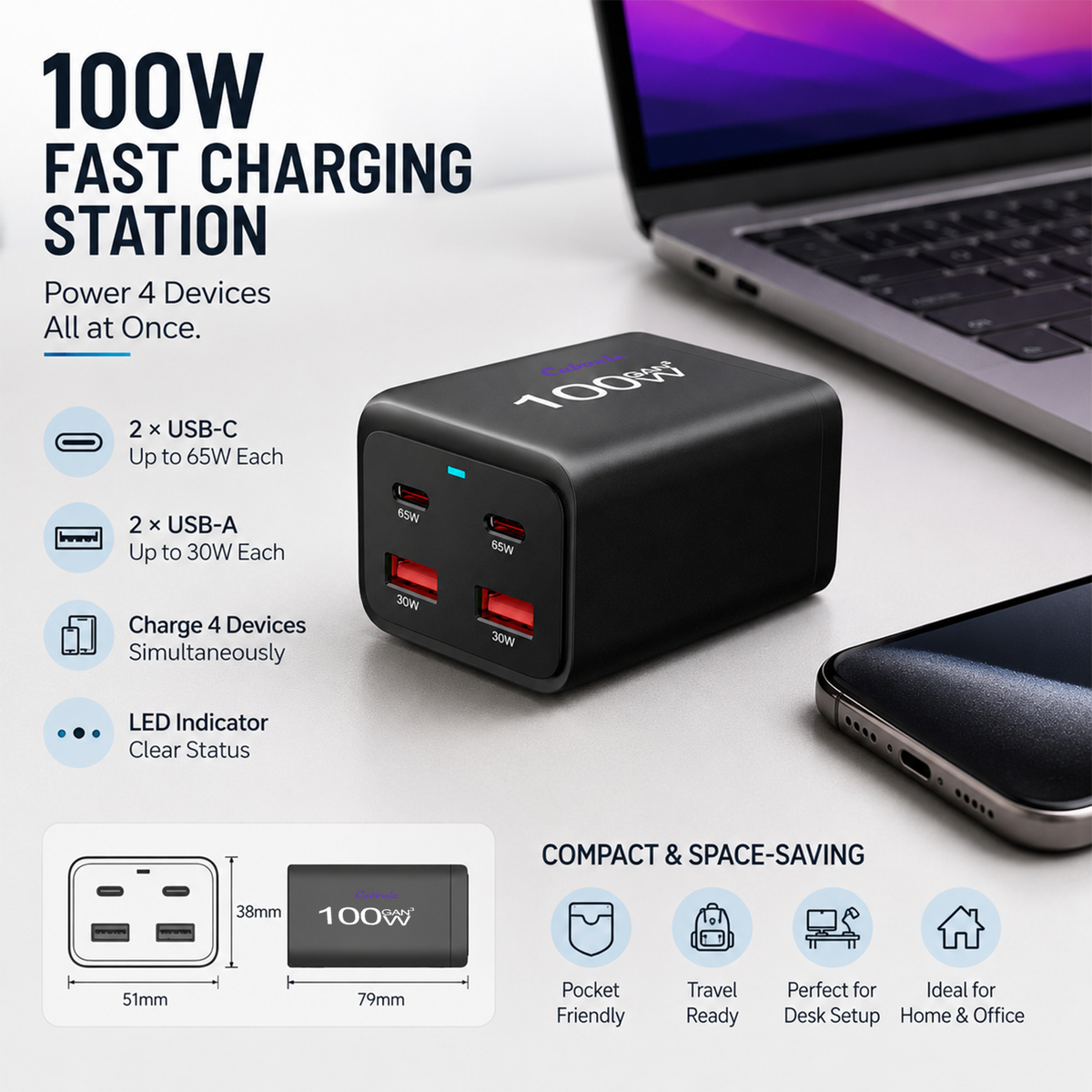 CUBONIC 100W (Total Actual Output 65W) GaN Charging Station, 4-Port Desktop Charger with 2 USB-C & 2 USB-A Ports, Multi Device Charging Hub for Laptops, Smartphones, Tablets, Wearables & USB Powered Electronics