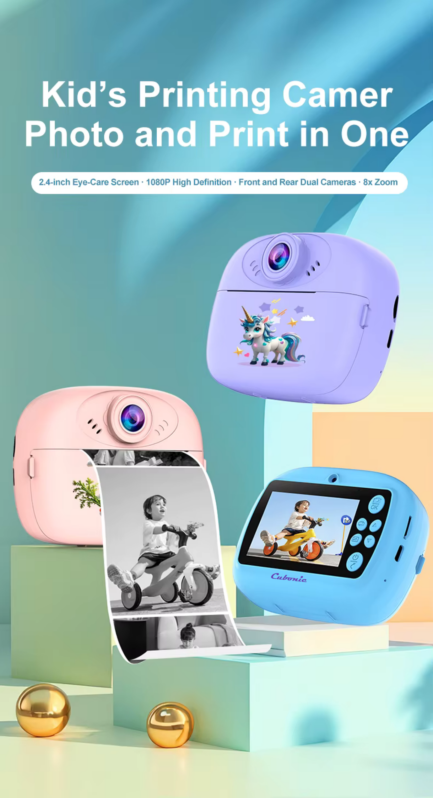 Cubonic Instant PiccoPrint 48MP Digital Camera for Kids with 3 Rolls Print Paper, Portable Toy for Girls & Boys, Perfect Birthday Gift for Toddlers Kids & Children