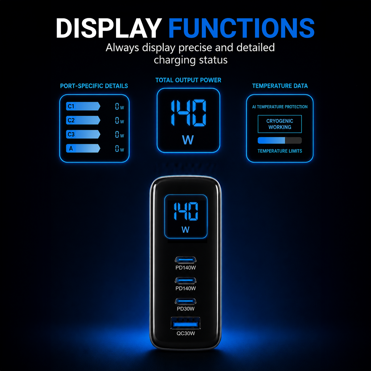 CUBONIC 140W GaN Fast Charger with 4 Ports, 3 Type-C PD & 1 USB-A QC Digital Power Display,Multi-Device Fast Charging Adapter
