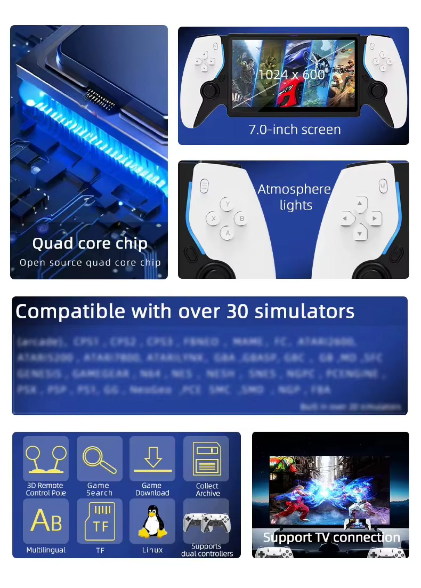 Cubonic Portable Game Multi-Player 5 with 7Inch HD SCreen 2nd Gen Host+Wireless Linux System Dual Controller 30+ Emulators Open Source Gaming Console