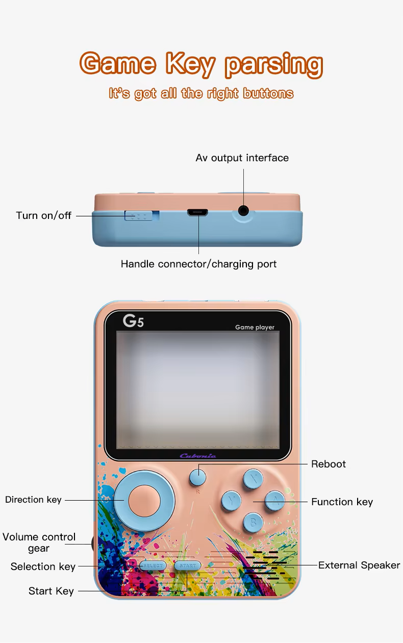 Handheld G5 RetroGame | 3'LCD Screen | 500+ Build-In Games | Long Battery Backup with MicroSD card