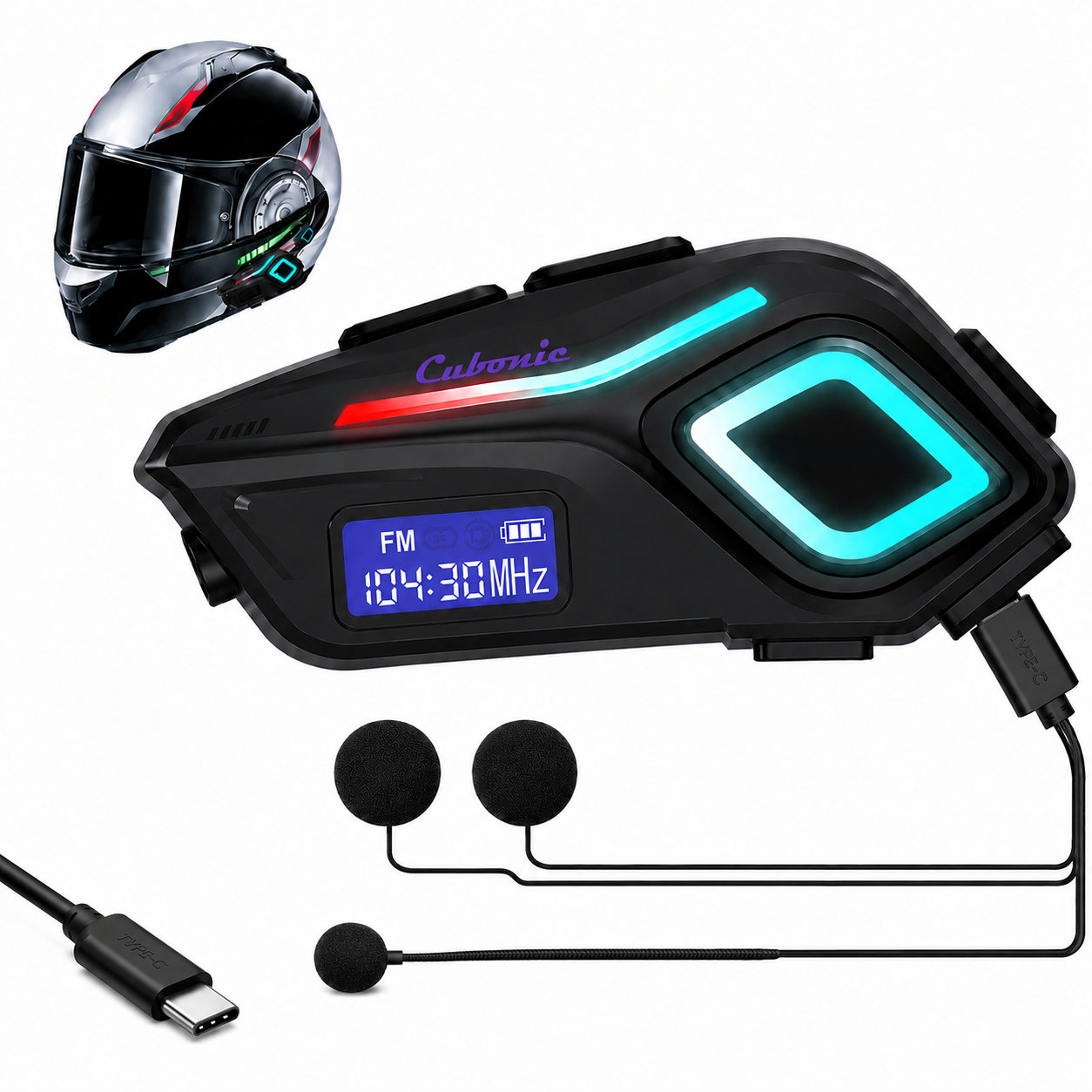 Cubonic RideVibe K08 Wireless Bluetooth Helmet Headset with FM Radio, BT Calling, Hi-Fi Stereo Sound, Noise Reduction, RGB Light, LED Display & Flashlight for Motorcycle Helmets