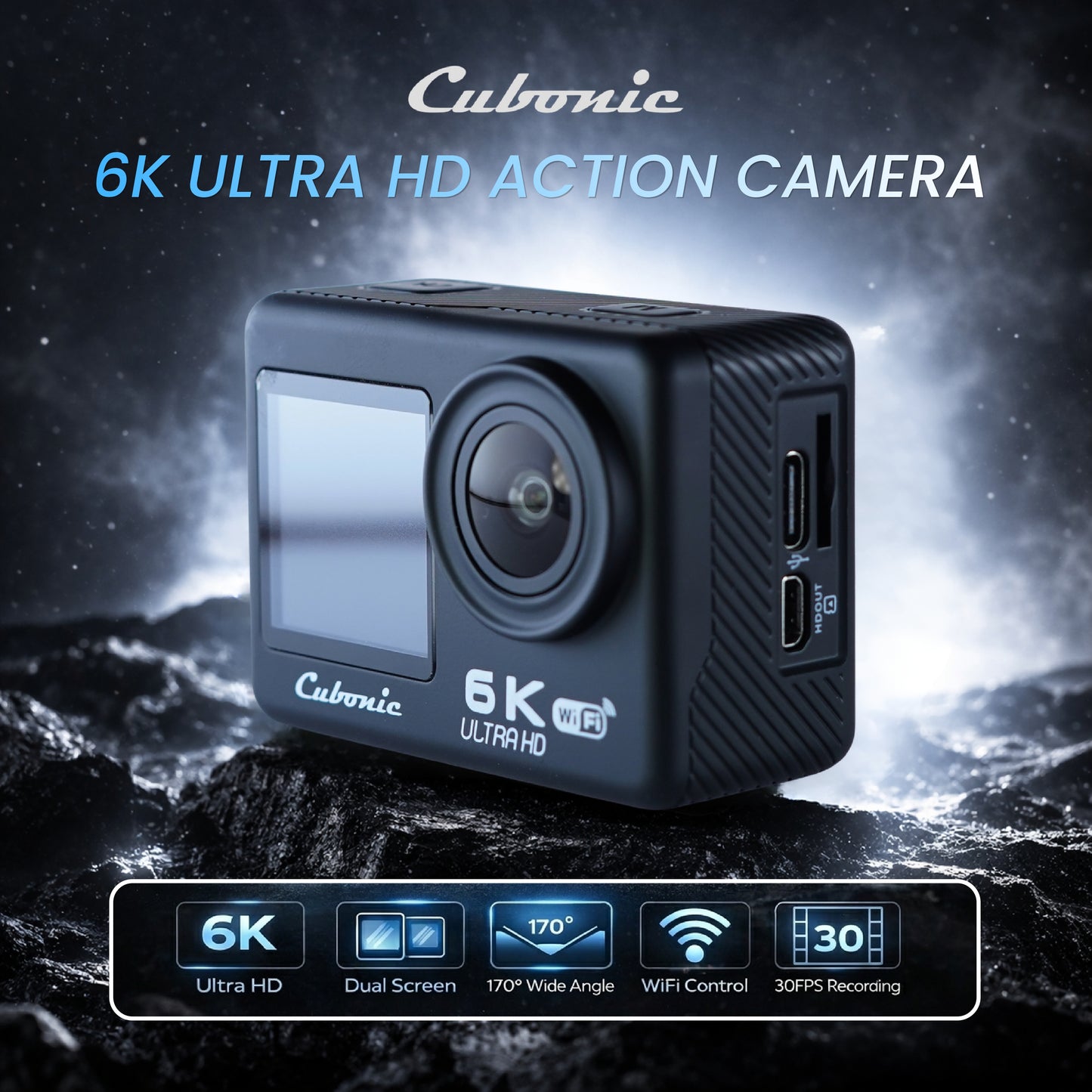 Cubonic 6K Dual Display Sports Waterproof 30m Camera| 50MP Ultra HD Photo |Touchscreen|170° Wide Angle Lens | EIS Stabilization | WiFi Connectivity | Remote | Upto 128GB SD Card Support Vlogging