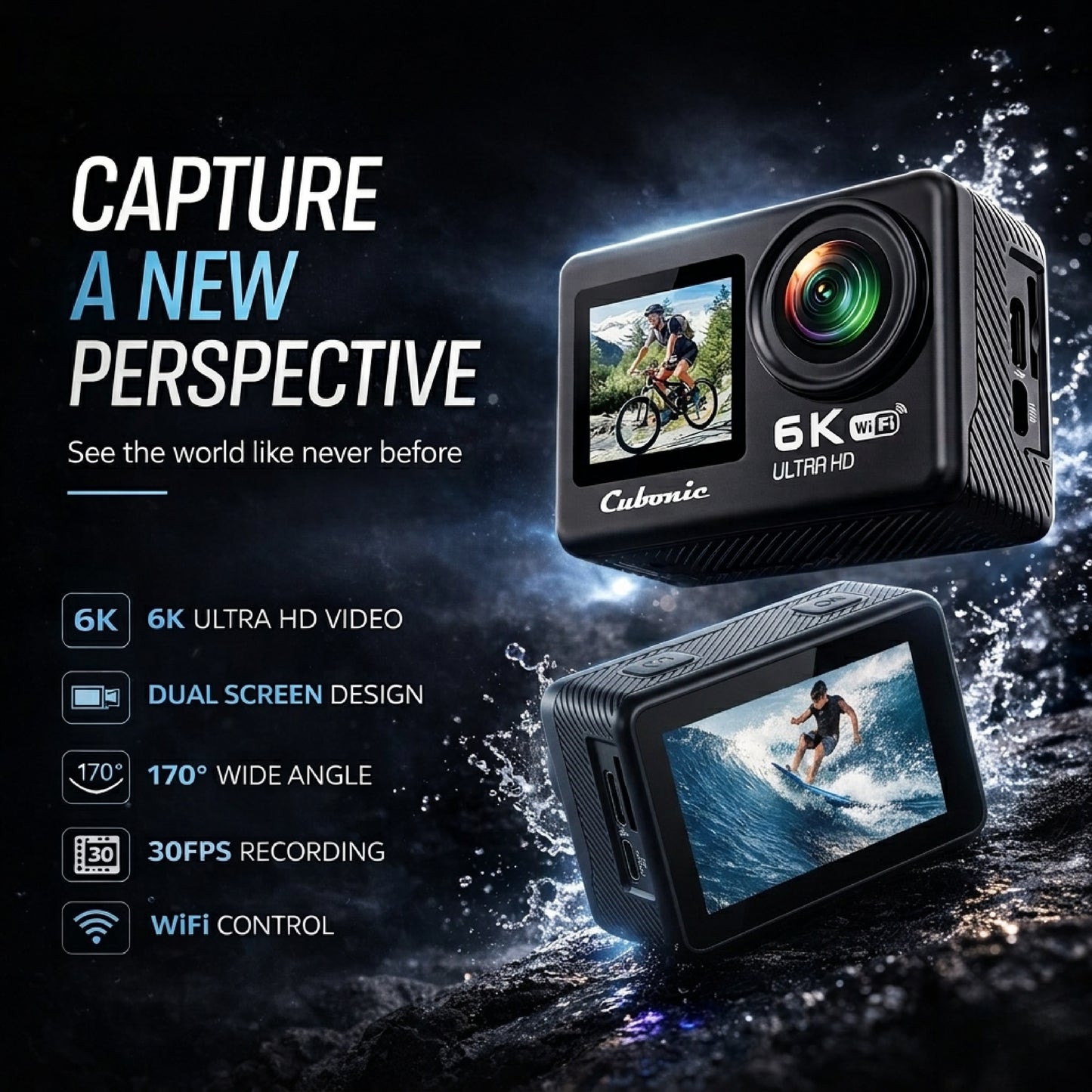 Cubonic 6K Dual Display Sports Waterproof 30m Camera| 50MP Ultra HD Photo |Touchscreen|170° Wide Angle Lens | EIS Stabilization | WiFi Connectivity | Remote | Upto 128GB SD Card Support Vlogging