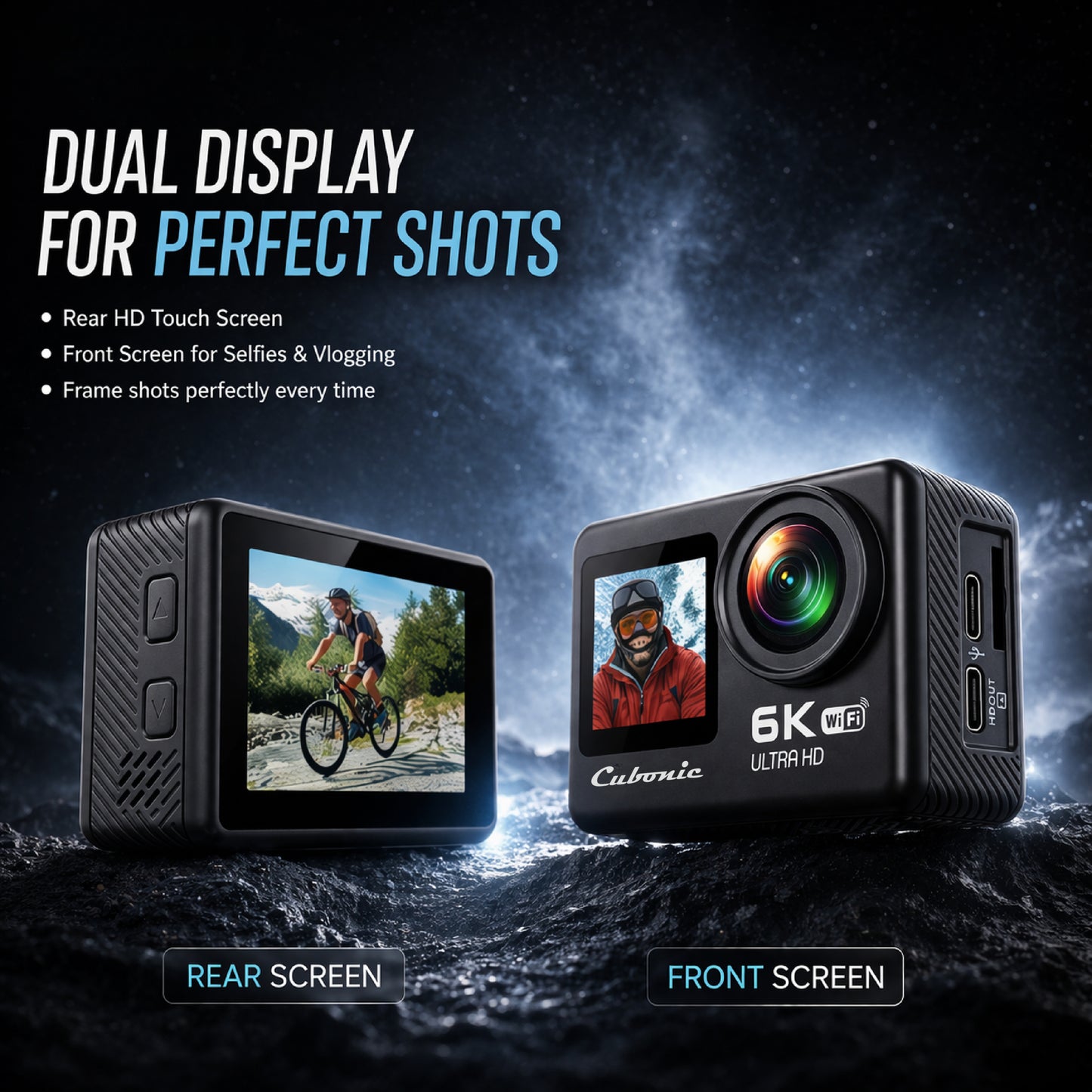 Cubonic 6K Dual Display Sports Waterproof 30m Camera| 50MP Ultra HD Photo |Touchscreen|170° Wide Angle Lens | EIS Stabilization | WiFi Connectivity | Remote | Upto 128GB SD Card Support Vlogging